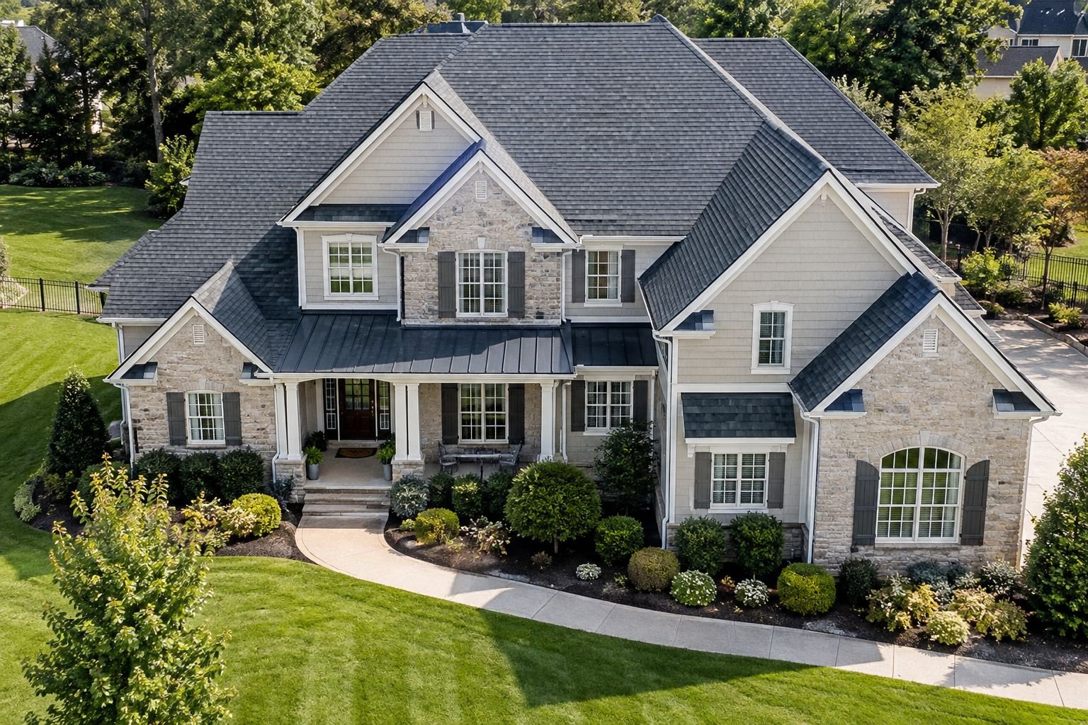 Architectural shingle roof with multiple gables, siding and stone accents on a Connecticut home